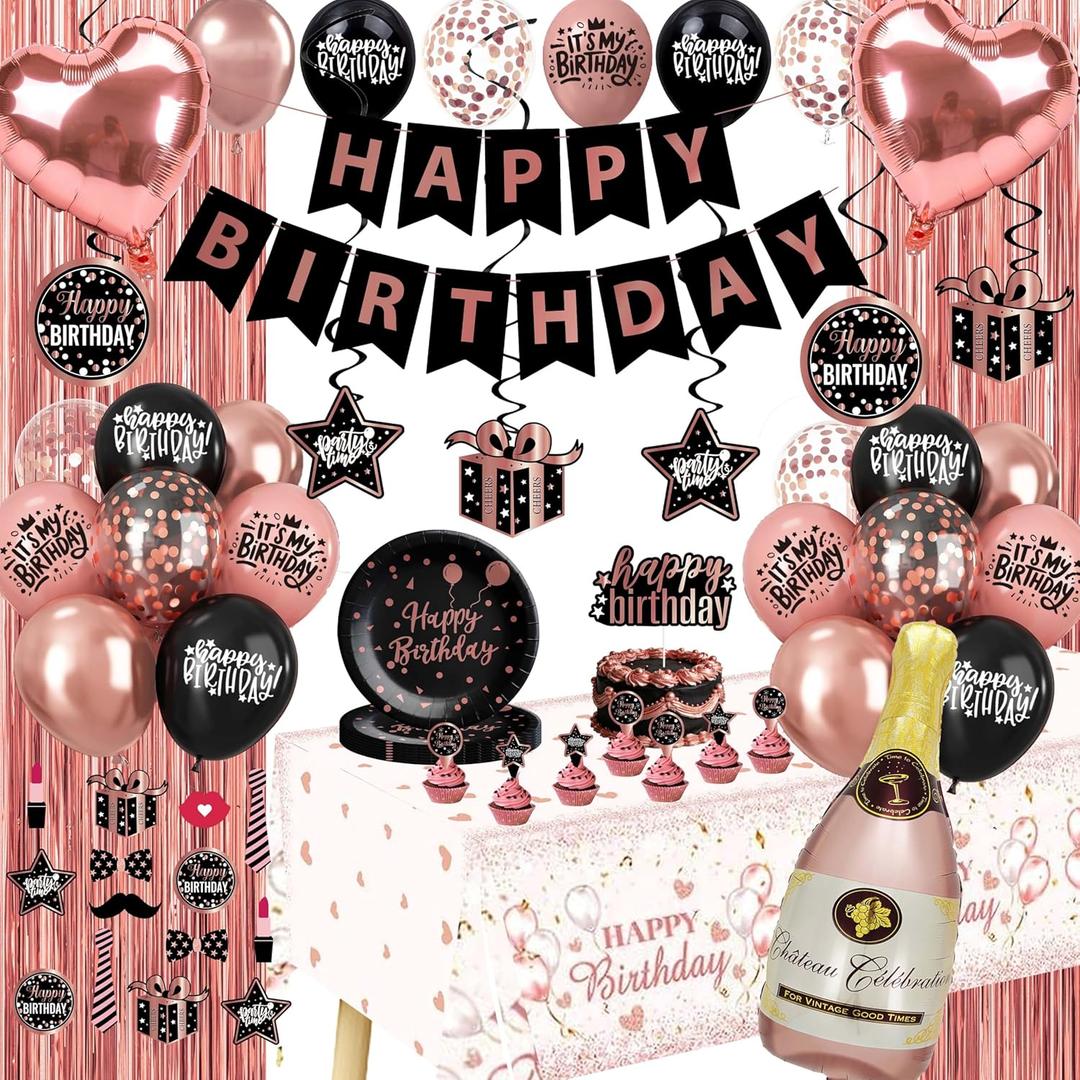 Rose Gold and Black Birthday Decorations - Party Supplies Kit with Tablecloth, Paper Plates, Photo Props, Champagne Foil Balloon, Fringe Curtains, Cake Topper and Banner for Women 18th 21st 30th 40th