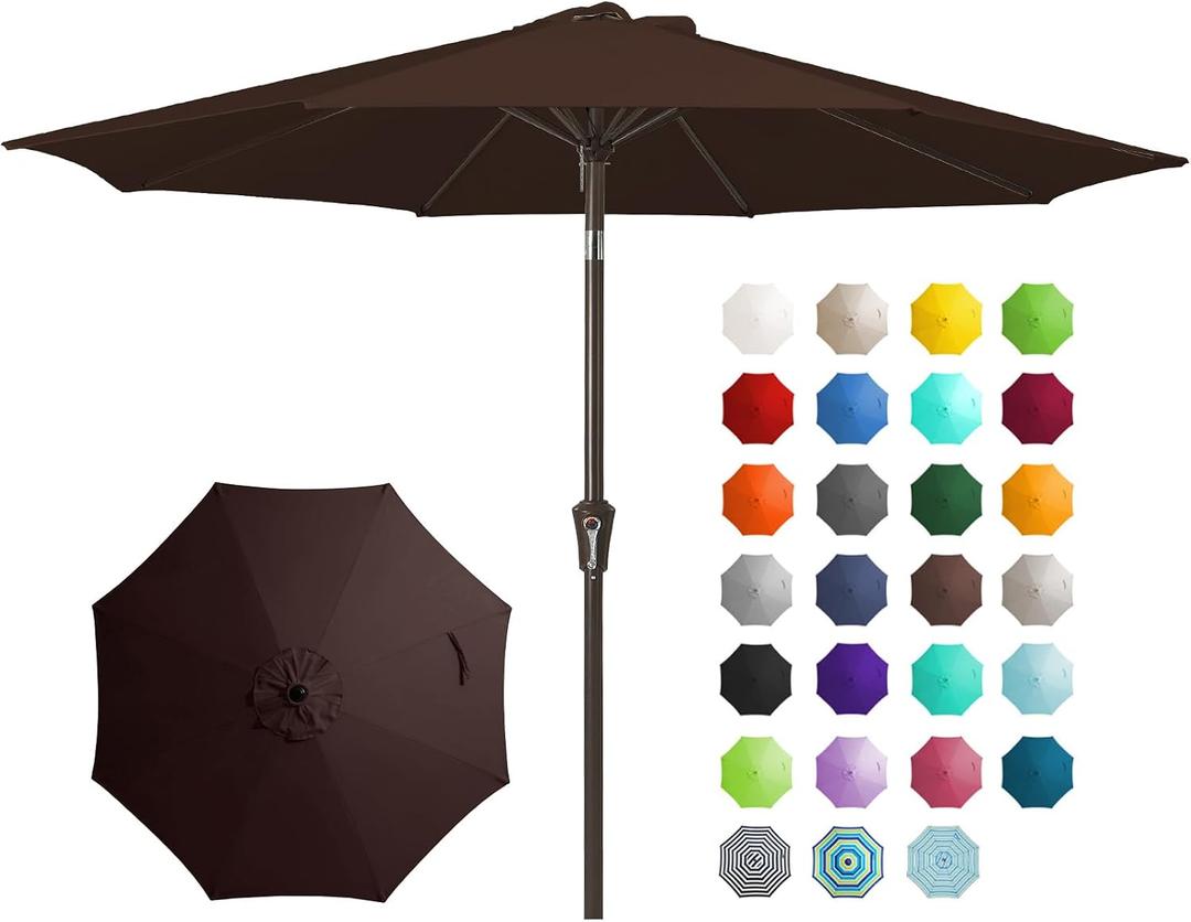 JEAREY 9FT Outdoor Patio Umbrella Outdoor Table Umbrella with Push Button Tilt and Crank, Market Umbrella 8 Sturdy Ribs UV Protection Waterproof for Garden, Deck, Backyard, Pool (Brown)