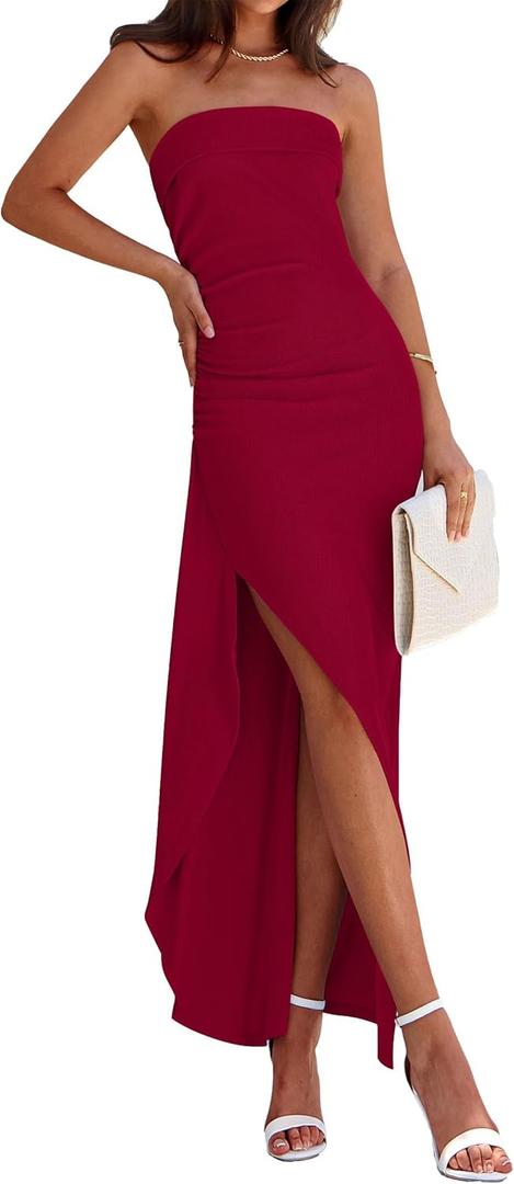 PRETTYGARDEN Women's Ruched Bodycon Dresses Summer Off Shoulder Asymmetrical High Split Elegant Cocktail Party Dress (Red, Large)