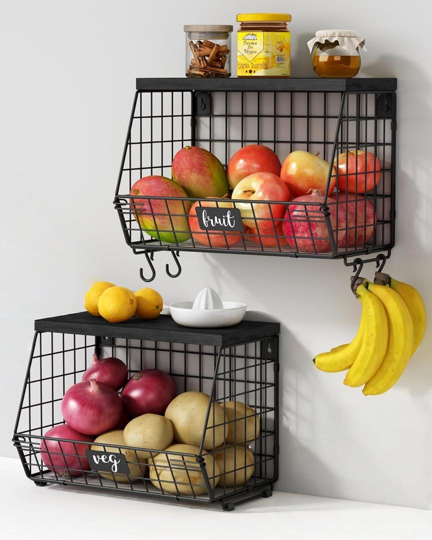 Black Kitchen Wall Hanging Storage Basket Set of 2, Rustic Stackable Kitchen Counter Fruit Organizer, Wire Baskets Container for Veggie, Garlic, Produce, Onion and Potato (Black Shelf)