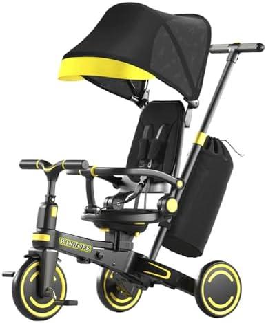 WinHope 9-in-1 Push Tricycle for Toddlers 1-3 Years | Convertible Kids Trike with Adjustable Parent Handle & Safety Harness, Lightweight Foldable Design + Storage Basket for Boys & Girls (Black)