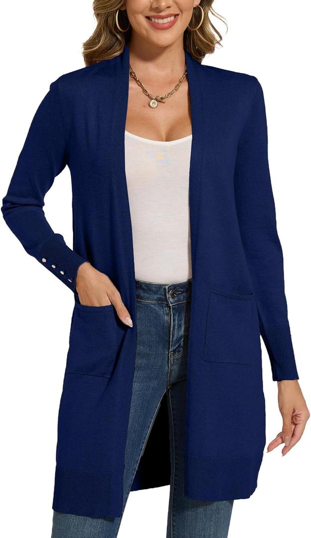 Spicy Sandia Women's Long Dressy Cardigan Sweaters with Pockets Lightweight Duster Coat (Medium, Navy)