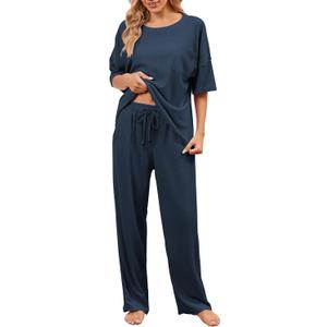 JiniGolla Womens Pajama Sets Waffle Knit Short Sleeve Shirt with Long Pajama Pants Soft Sleepwear Pj Lounge Sets, Size M