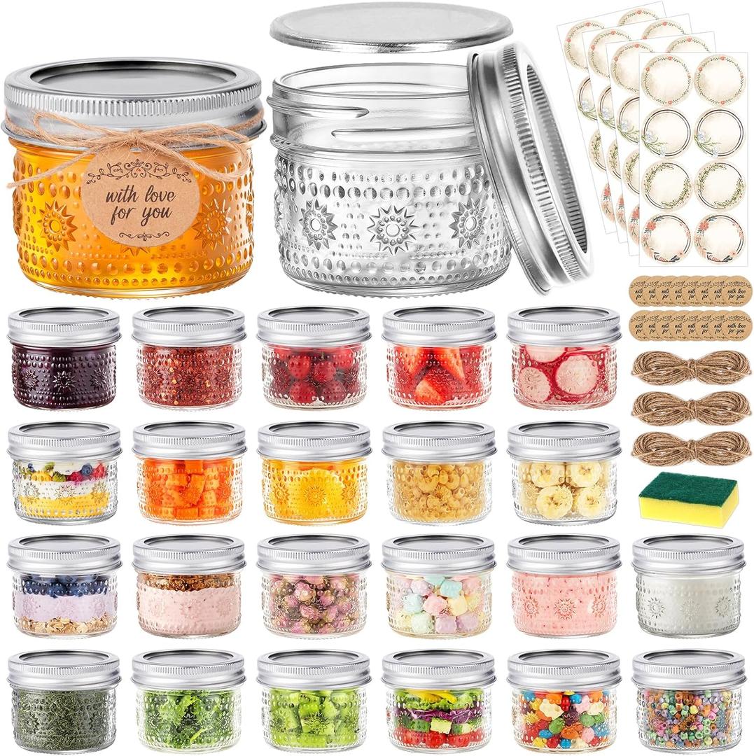 4 oz Mason Jars with Embossed Pattern 24 Pack | Small Canning Jars with Airtight Lids | Mini Glass jars for Jams, Jelly, Honey, Spices, DIY Candles, Wedding Favors and Gift Packaging