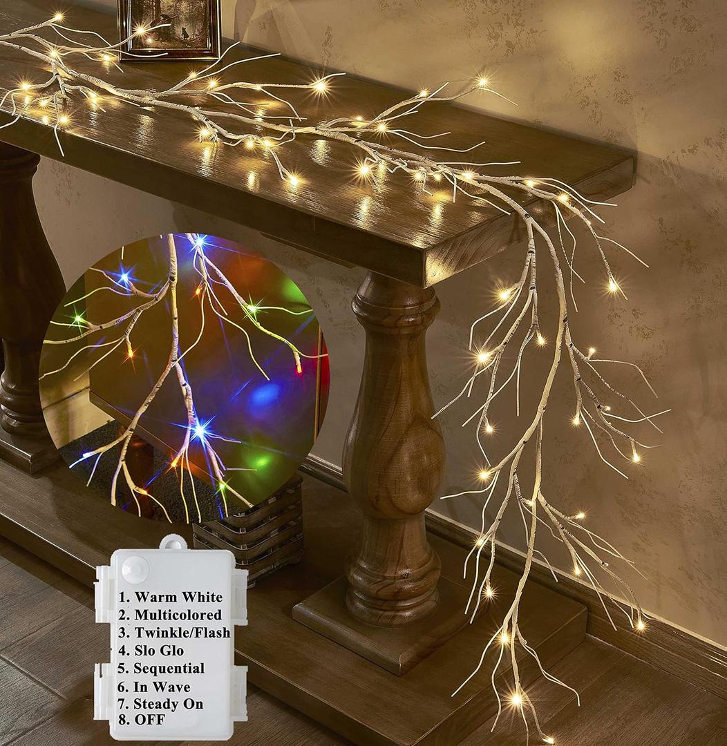 LITBLOOM Lighted Birch Garland Battery Operated with 8 Functions 48 Multi-Color and Warm White Lights, Pre-lit Twig Vine Lights 6FT for Home Bedroom Wall Mantle Decoration