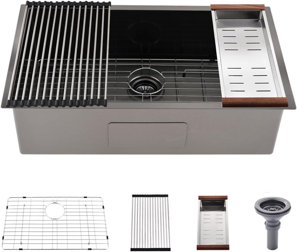 32 Inch Black Undermount Sink -Bokaiya 32x19 Undermount Kitchen Sink Deep Stainless Steel 18 Gauge Single Bowl Black Kitchen Sinks with Colander