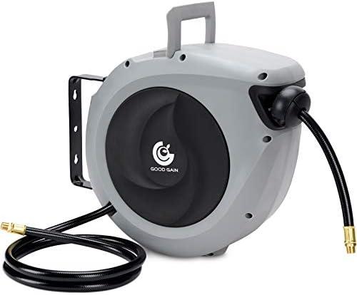 Air Hose Reel Retractable 3/8 in. x 50 ft Hybrid Polymer Hose, Retractable Auto-Rewind Enclosed Heavy Duty 180° Swivel Mount, Max 300PSI Commerical Polypropylene Grey