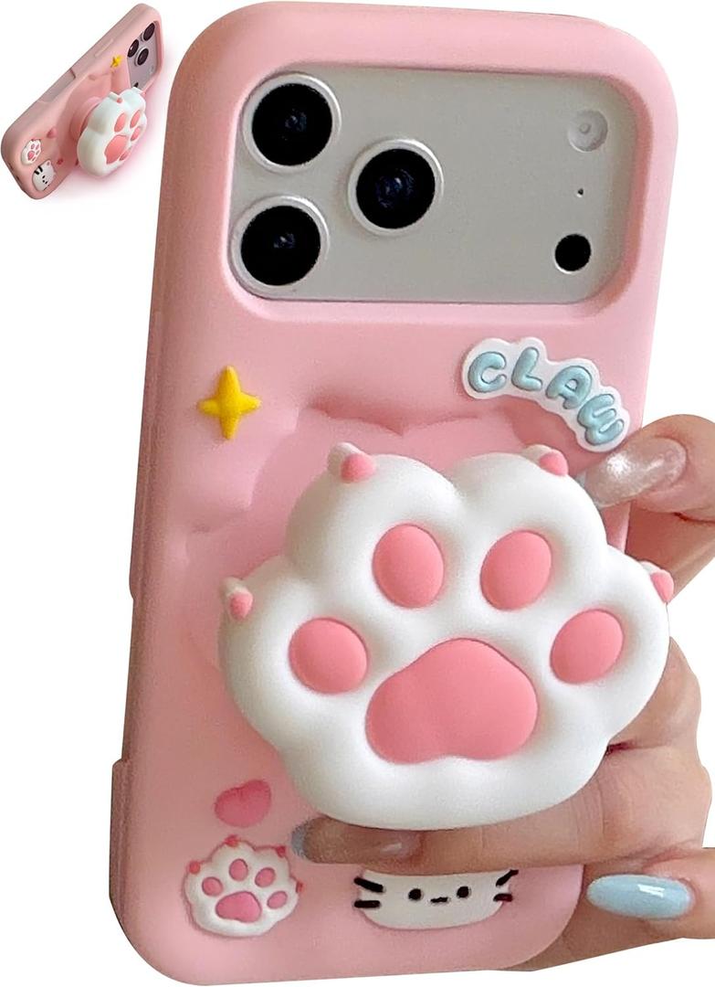 Cute 3D Cat Paw Pop-Up Stand and Grip Phone Case for iPhone 17 Pro, Kawaii Cartoon Soft Silicone Phone Cover, Adorable Girly Design for Girls, Kids, Teens, and Women, Pink