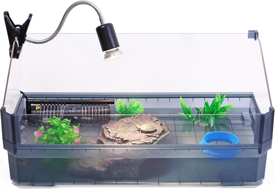 Large Turtle Tank Kit for Aquatic Turtles Complete Starter Habitat with Filter, UVB Lamp, Basking Platform, Plants, Feeding Ring Turtle Aquarium Kit (Black)