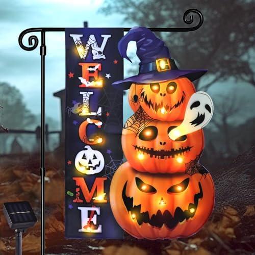 Halloween Lighted Garden Flag, Solar Yard Flag for Outside, 8 Modes Double Sided Welcome Halloween Ghost Outdoor Decorations for Home Porch (Ghost-12x18)