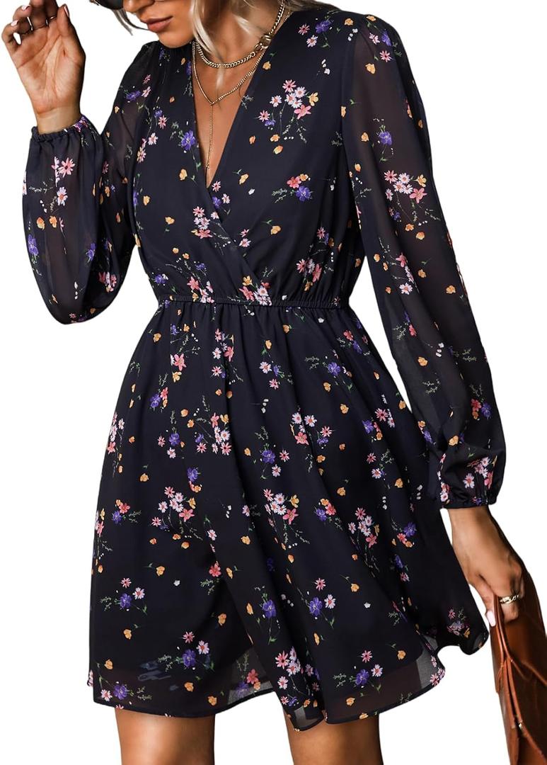 CUPSHE Women's Mini Dresses Casual Spring V Neck Chiffon Long Peasant Sleeves Flowy Summer Dress (Large)