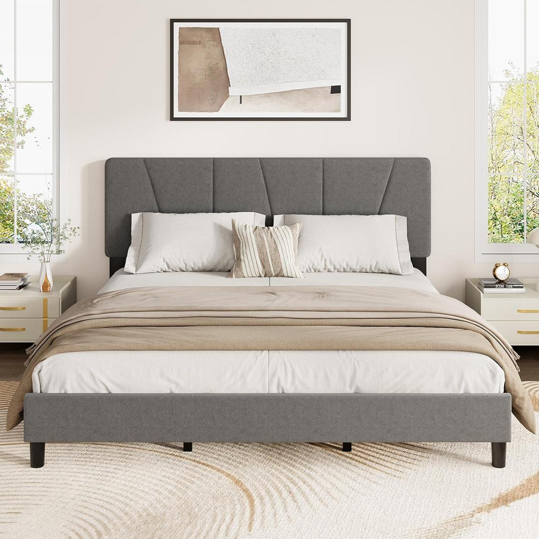 GarveeHome King Size Bed Frame with Adjustable Headboard, Linen Upholstered King Platform Bedframe with Strong Wooden Slats, Mattress Foundation, No Box Spring Needed, Easy Assembly