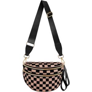Checkered Crossbody Bags for Women Nylon Bum Bag Spacious Trendy Fanny Pack Large Sling Bags with Adjustable Strap