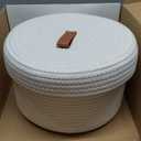 DENJA & CO Set of 2 Decorative Storage Baskets with Lids - Round Woven Baskets for Home Decor and Organizing - Small Shelf Baskets with Leather Tabs and Handles - Decorative Storage and Organizer Bins