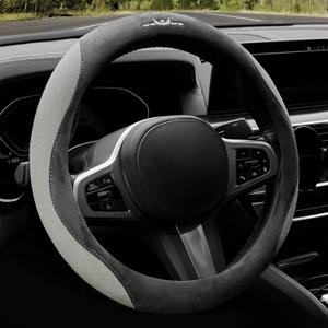 OURTIME Faux Suede Car Steering Wheel Cover, Universal 15 inch, Anti-Slip, Comfortable, Soft, Microfiber Breathable Suede Fabric, Warm Velvet Steering Wheel Cover Winter (Gray with Silver)