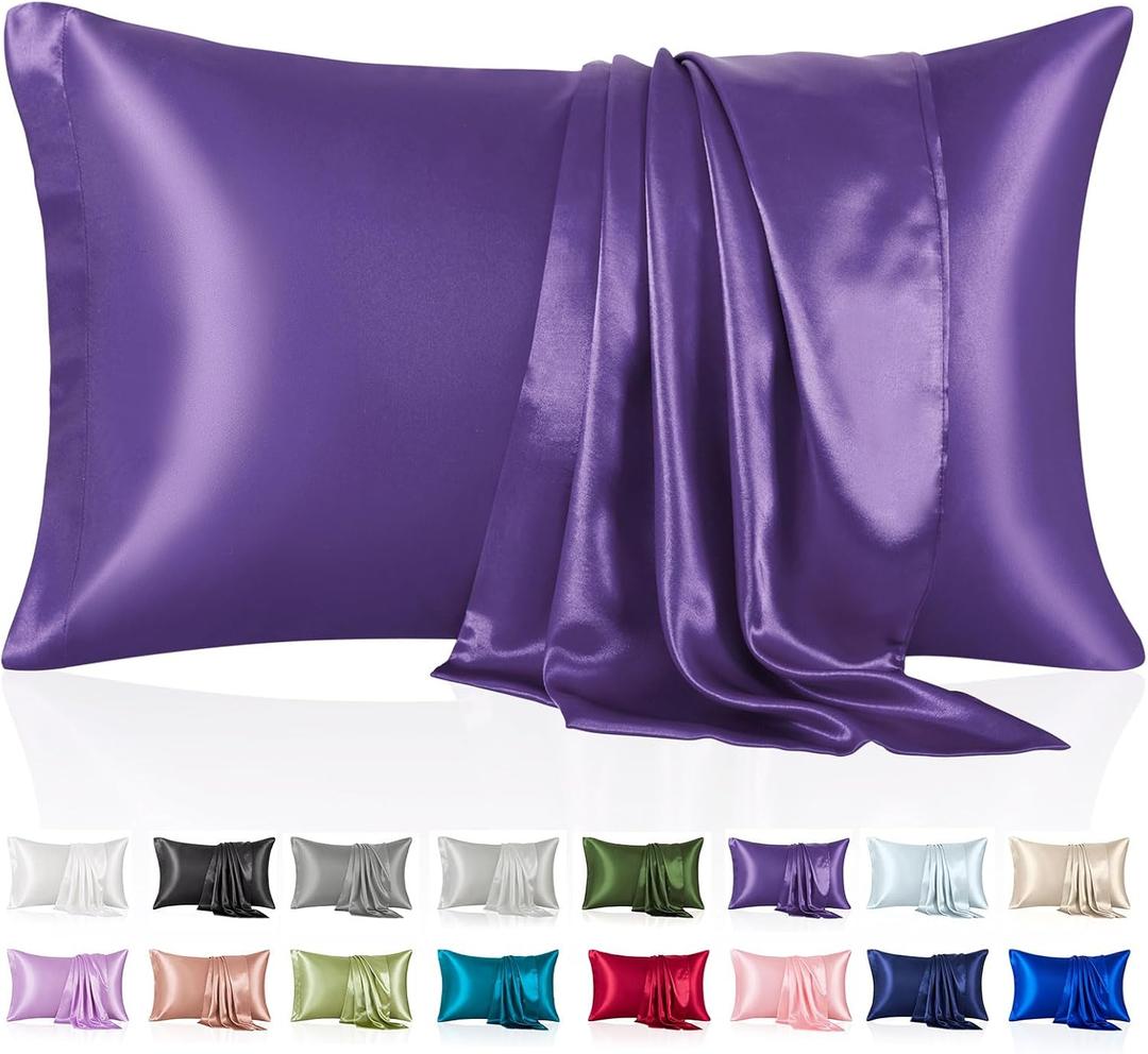 Silk Like Satin Pillowcase Standard Size, Purple Smooth and Cooling Satin-Silk Pillow Cases for Hair and Skin with Envelope Closure, Gift for Women Men, 2 Pack (20x26, Purple)