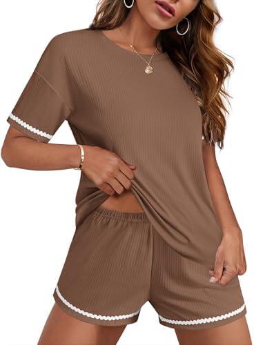 Ekouaer Pajama for Women Sets 2 Piece Ribbed Knit Lounge Sets Pjs Shorts Summer Short Sleeve Sleepwear with Pockets, L