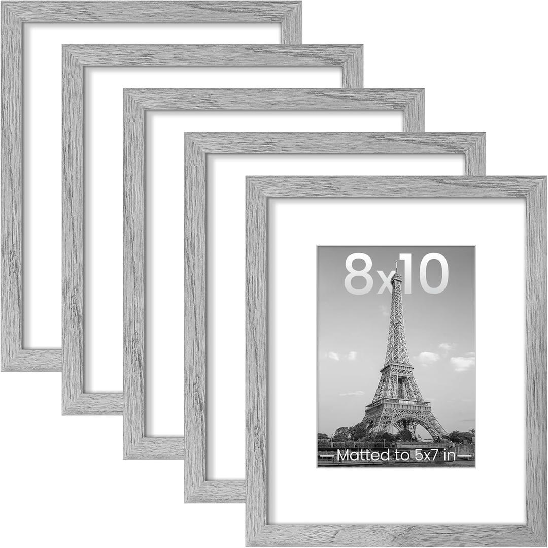 upsimples 8x10 Picture Frame Set of 5, Display Pictures 5x7 with Mat or 8 x 10 Without, Wall Gallery Photo Frames, Gray