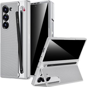 Miimall for Samsung Galaxy Z Fold 5 Case with S Pen Holder & Built-in Privacy Screen & Invisible Kickstand, Slim Shockproof Kickstand Cover for Z Fold 5, Silver