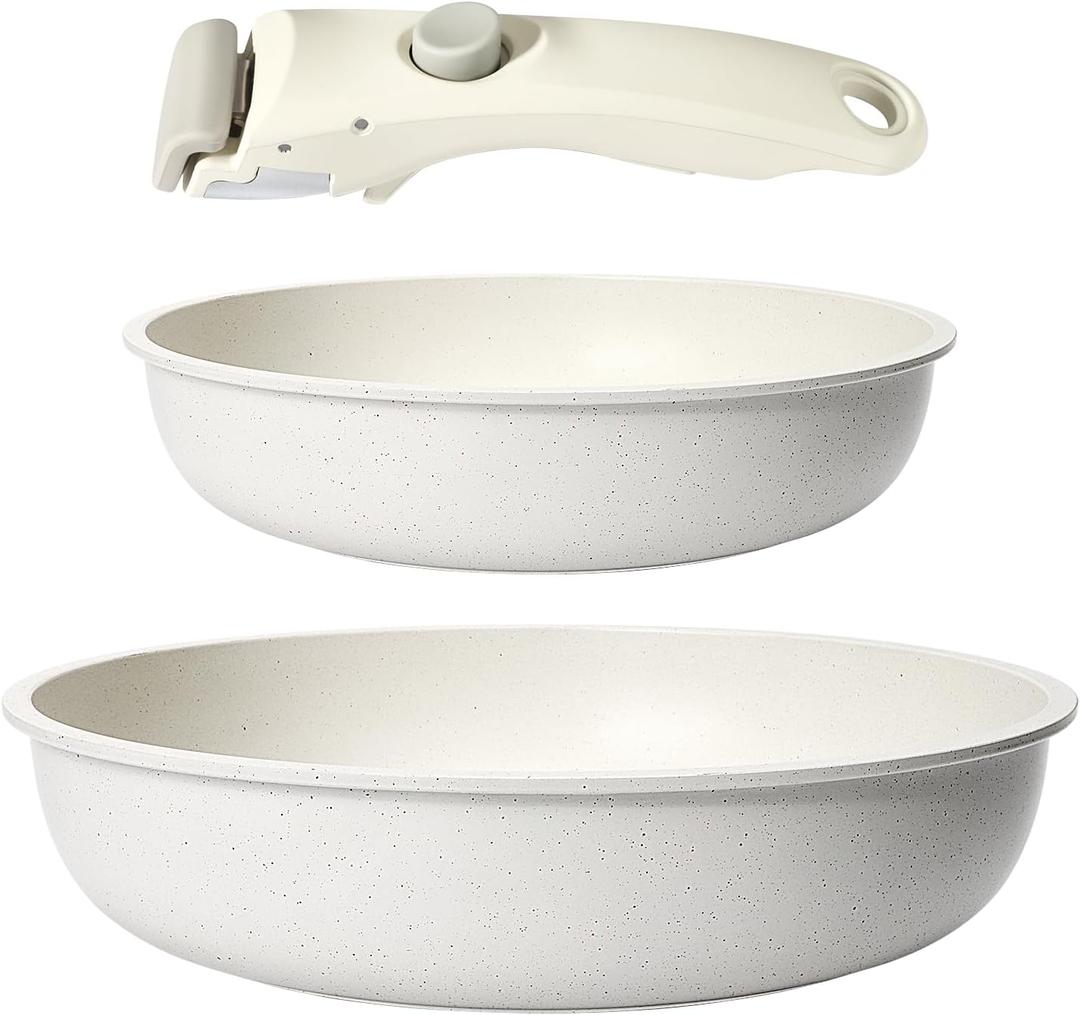 GiPP Non Stick Frying Pans Set Removable Handle, Oven Safe Nonstick Fry Pan Skillets with Detachable Handle, Granite Coating Healthy Cooking Compatible with All Stovetops, PFOA Free, RV Cookware set (03, White)
