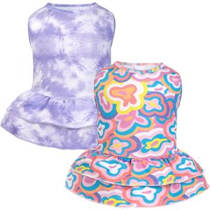 cyeollo 2 Pack Tie Dye Dog Dress Soft Breathable Dresses Dog Clothes for Small Dogs Girl Outfit Pet Apparel, Tie Dye+Flower, L