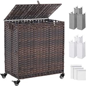 Laundry Hamper with Wheels&Lid, 50.2 Gallons(190L) Rolling Laundry Basket with Wheels, 3-Section Laundry Hamper, Handwoven Rattan Clothes Hamper with 6 Removable Liner & 3 Mesh Laundry Bags, Brown