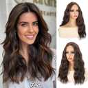 Brown Highlight Wig 18 Inch Medium Length Wigs for Women - Middle Part Synthetic Hair Wavy Wig with Upgraded Strands, Natural Hair Wig for Daily Party & Halloween Use