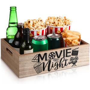 Movie Night Supplies Snack Trays with Handles Reusable Wooden Movie Gift Basket for Theater Popcorn Bucket Bowl Box Container Family Room Valentine's Day Decor(Rustic Wood)