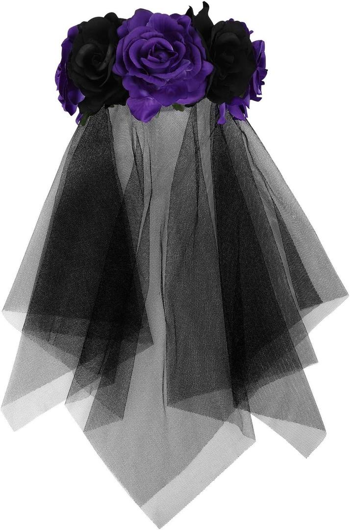 Floral Crown Headband with Black Lace Veil Headpiece Hair Accessories Day of The Dead Halloween Costume Party Wedding Bridal