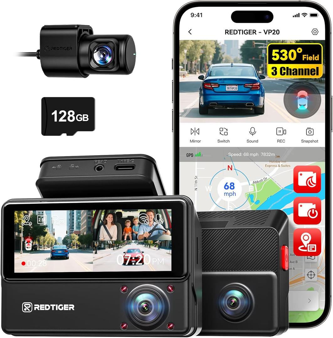REDTIGER 530 Dash Cam 3 Channel, 2.5K+2.5K+1080P Triple Car Camera with 128GB Card, IR Night Vision, Touch Screen, Dashcam for Front Inside Rear Included WiFi GPS, 24H Parking Mode