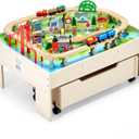 VEVOR Train Table, 100 Multicolor Pieces Wooden Kids Activity Table with Rolling Storage Drawer, 3-in-1 Wooden Train Set for Gaming, Drawing, Reading, Eating, Creative Toy Set for Kids Ages 3+