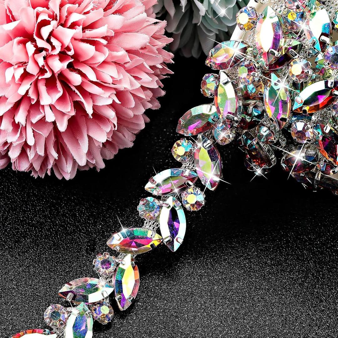 BBTO Rhinestone Chain Trim Applique Embellishment Crystal Wedding Bridal Costume Flower Leaf Chain Sewing Bling Trim for Jewelry DIY Necklace Bags Parties(3 Yards,AB)