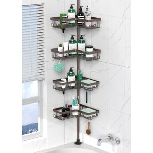 Corner Shower Caddy Tension Pole - Adjustable 4-Tier Shower Shelf Stainless Steel Corner Tension Rod Bathroom Organizer Shampoo Holder with Soap Holders & Hooks for Bath, Tub, Floor Space Saving (Bronze)