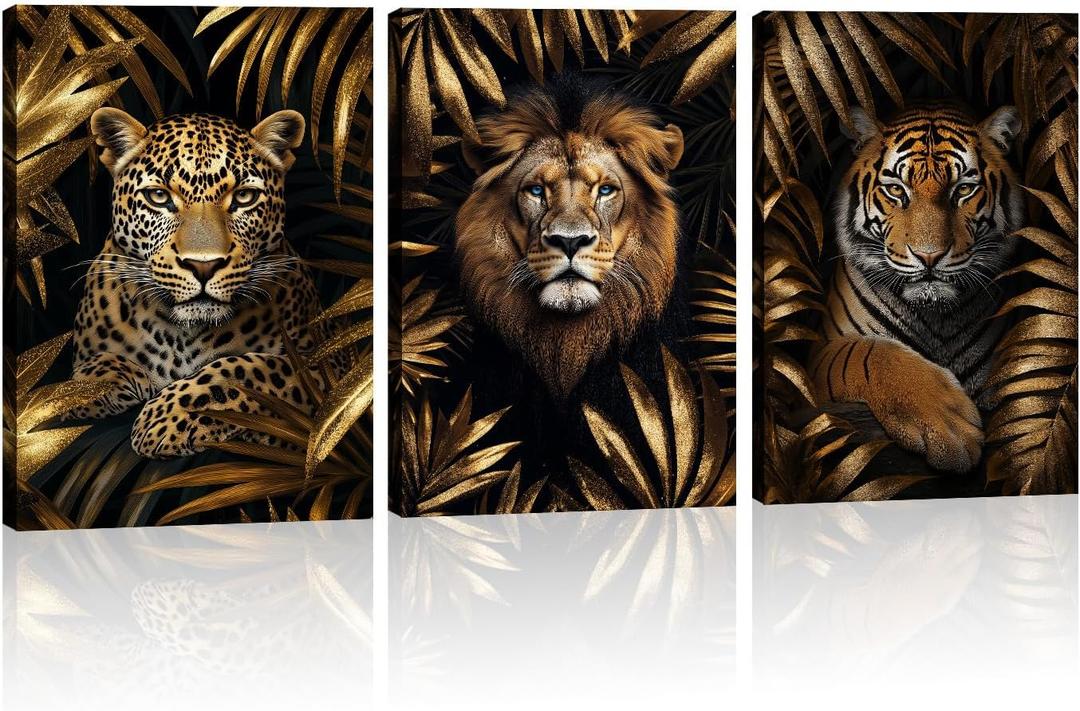 Leopard Tiger Lion Canvas Wall Art 3 Piece Gold palm Leaf Picture Black Poster African Theme Jungle Animal Painting Prints for Living Room Bedroom Home Office Decor Framed - 11.00"x14.00"x3P