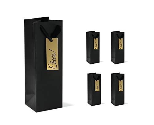 Purple Q Crafts Black Wine Bag for Wine Bottle Whiskey/Spirits, Reusable Bag with 4 Gold CHEERS Tags, Laminated for Extra Strength. (4 Pack)