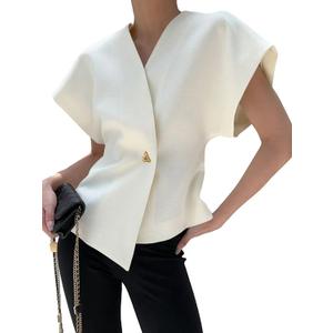 Cicy Bell Womens Trendy V Neck Tops Shirts Short Sleeve Button Down Slim Waist Summer Blouses (Small, White)