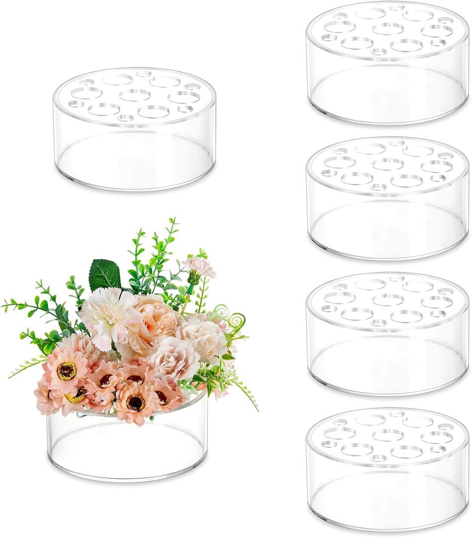 Hewory Acrylic Flower Vases for Centerpieces Round 6pcs Short Clear Floral Vase with 13 Holes, Box Arranger Bulk Low Base Holder for Wedding Birthday Party Event Dining Table Decor, 2.56"(H)5.9"(D)
