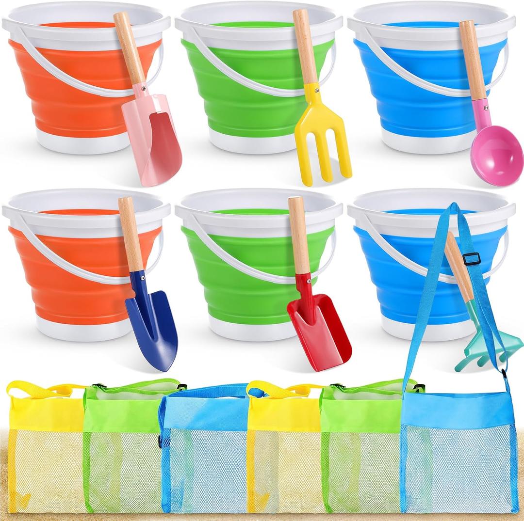 MiniInflat 18 Pcs Foldable Sand Buckets and Shovels and Mesh Bags for Kids Beach Tools Sand Toys Metal Garden Tools for Camping Gear, Travelling, Fishing Water Pail, Bright Colors