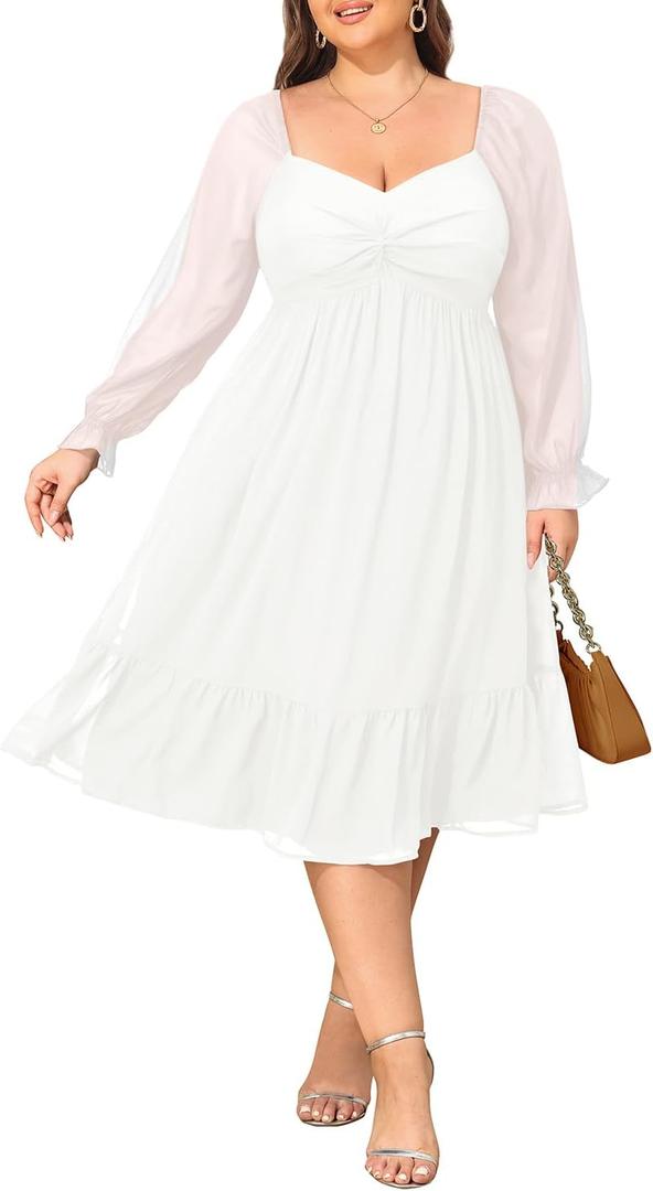 Plus Size Dresses Sweetheart Neckline Long Sleeves Chiffon Party Cocktail A Line Curvy Womens Midi Dress (20 Plus, White)