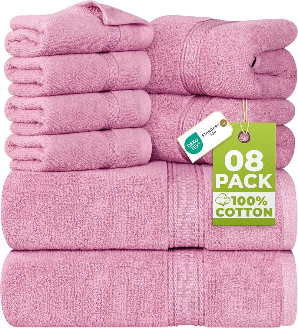 Utopia Towels 8 Piece Luxury Towel Set – Majestic Plush, Super Absorbent & Quicker-to-Dry, Thick 100% Ring Spun Cotton Towels for Bathroom, Spa & Hotel – 2 Bath, 2 Hand, 4 Washcloths, Pink