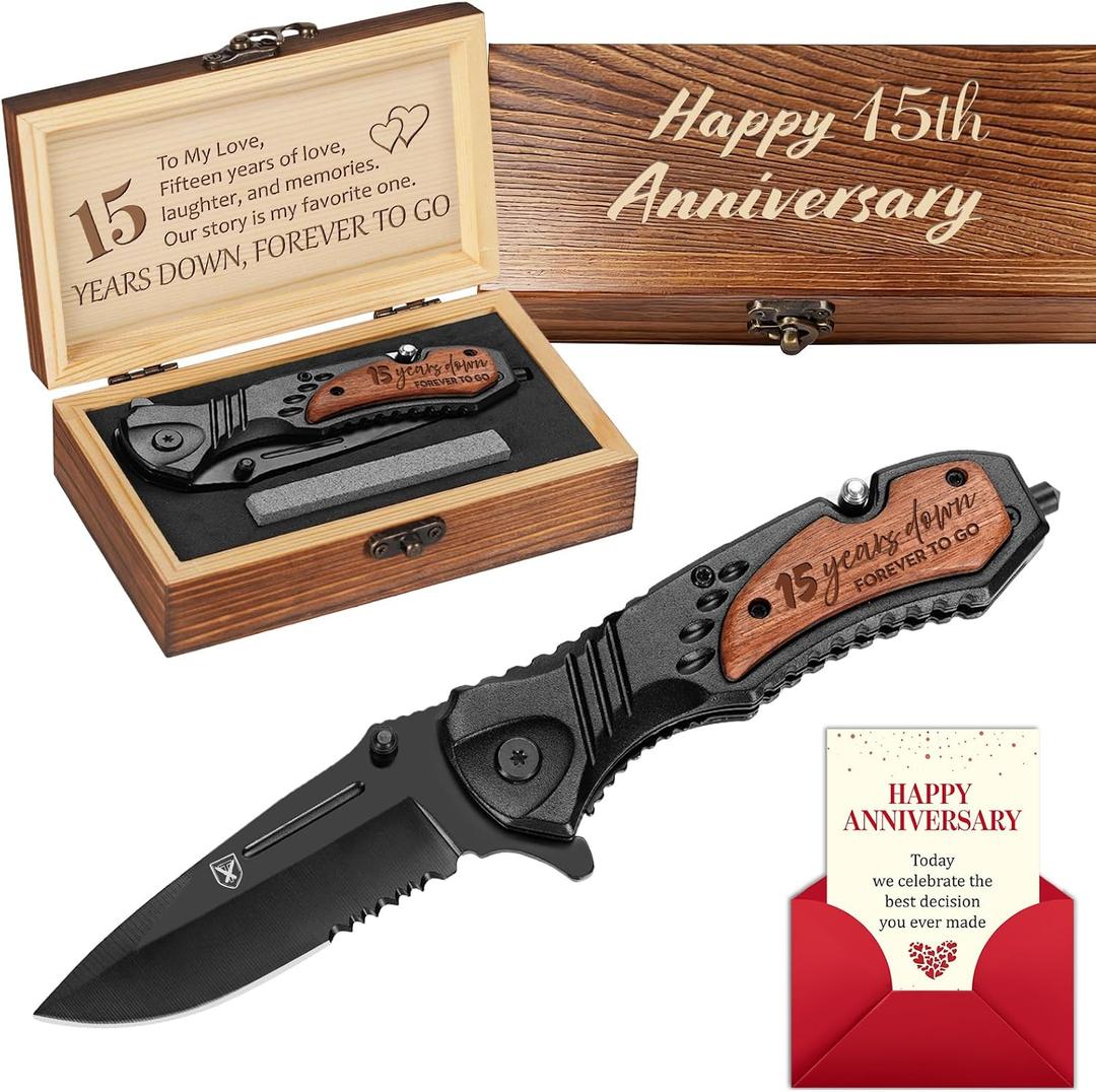 15 Years Anniversary Keepsake Gifts for Him, 15th Anniversary Present for Men Boyfriend Husband Couple, Fifteen Years Marriage Keepsake, Wedding Date Engraved Pocket Knife with Box, Personalized Knife
