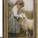 Gold Framed Vintage Aesthetic Girl With Sheep Wall Art Rustic Farmhouse Print Poster Artwork Sheep Cottagecore Wall Decor for Living Room Bedroom Bathroom Decoration 12x16in