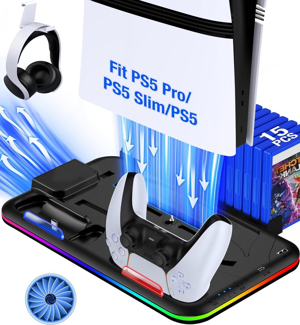 Kawaye PS5/Slim/Pro Stand and Cooling Station for PlayStation 5 Consoles, PS5/Pro/Slim Accessories with 3-Level Cooler Fan, PS5 Controller Charger, Cooling Satnd, Headset Holder, 15 Game Slots, Black (Black Stand for PS5 Pro/PS5 Slim/PS5)