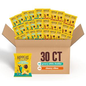 Hippeas Chickpea Puffs, Variety Pack: Vegan White Cheddar, Nacho Vibes, 0.8 Ounce (Pack of 30), 3g Protein, 2g Fiber, Vegan, Gluten-Free, Crunchy, Plant Protein Snacks, Best By: Feb.16,2025