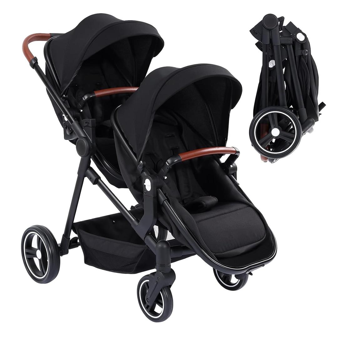 GAOMON Double Stroller Track Tandem Stroller for Infant and Toddler, Foldable Pushchair Bassinet Pram, Multi-Position Reversible & Adjustable Backrest, Large Storage Basket and Canopy (Black)