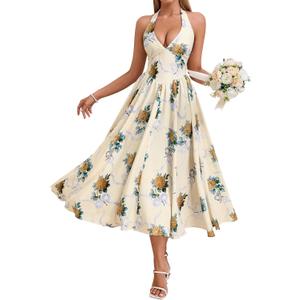 Parthea Women's Gingham Halter V Neck Midi Dress Corset Smocked Sundress Flowy A Line Wedding Guest Dresses, Size: 10-12