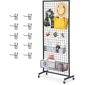 Eastern Tree 1 Pack 2.5'x 6' Three Pieces Grid Wall Panels Stand with T-Base, Black Wire Grid Wall Rack with Wheels, Craft Display Rack, Retail Display, Art Display, Extra More 10 Pieces Hooks