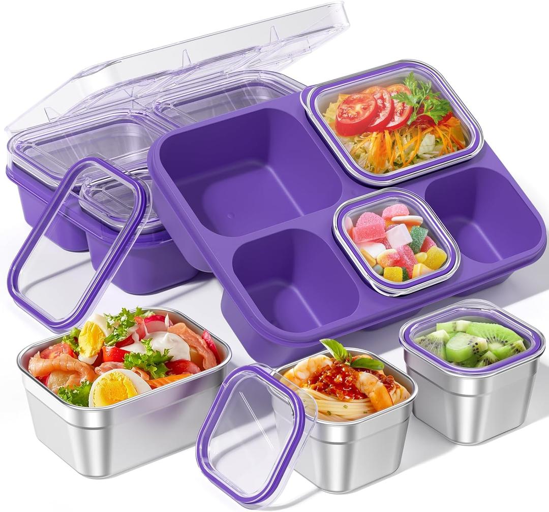 Snackle Box Containers, Stainless Steel 5 Compartments Divided Serving Tray with Lid, Removable LeakProof Portable Bento Box for Fruit Candy Nuts Food - School, Picnic and TravelPurple