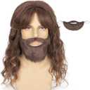 Yan Dream Long Curly Gradient Brown Wig and Bangs with Fake Beard Set for Men Cosplay Halloween