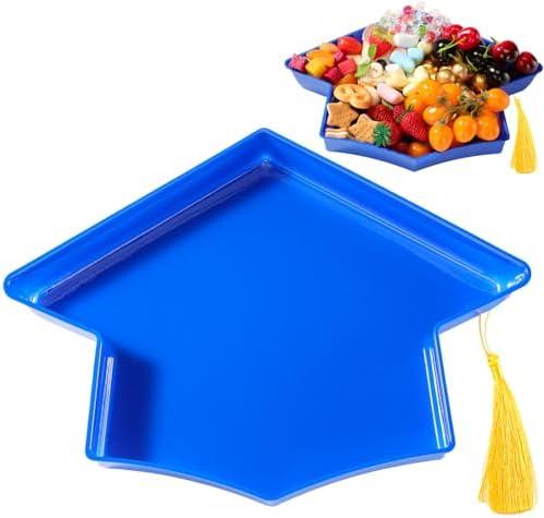 2025 Graduation Plastic Cap for Charcuterie 13'' Fillable Trays with Tassel Disposable Plastic Mache Box Candy Tray Container for College Graduation Party Supplies(Blue Cap, Gold Tassel)